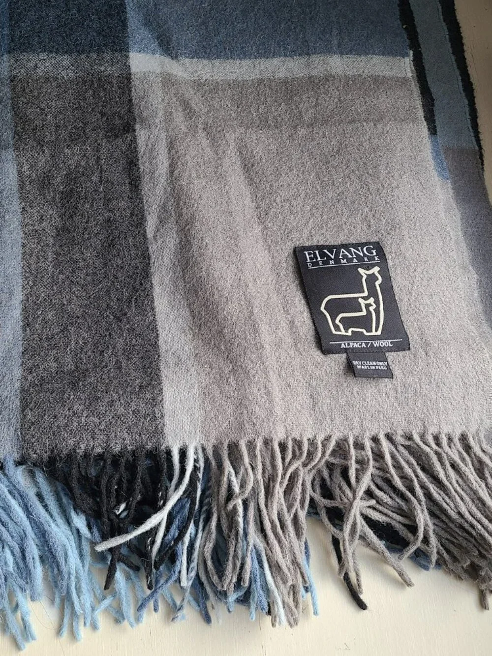 Elvang Denmark Alpaca Wool Throw Blanket Gray Blue Plaid 52x71 Made in Peru